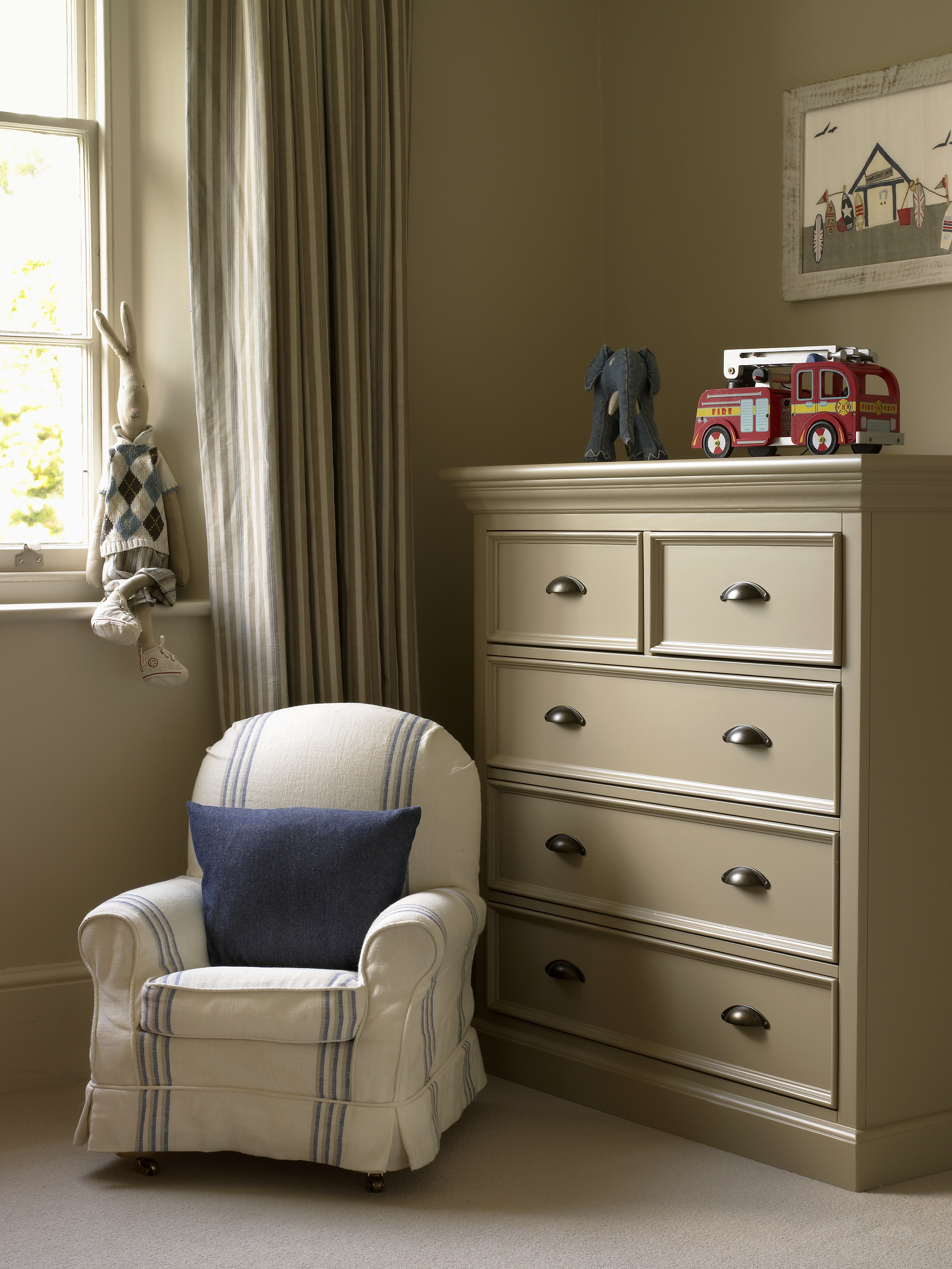 Classic bead & board panelling in cloakroom with glass mosaic tiles using blue grey colour scheme.